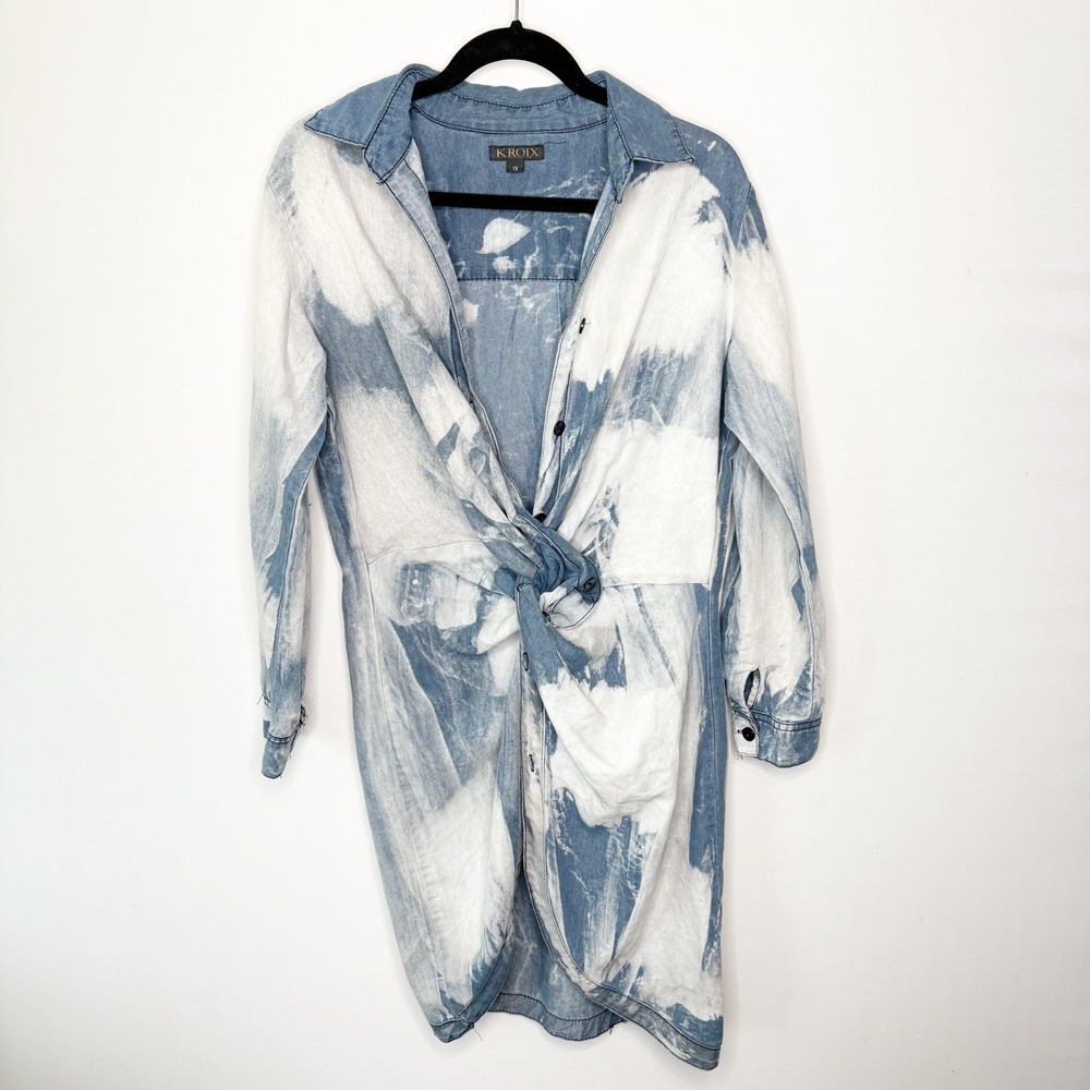 Kroix Blue Acid Wash Bleached Knot Front Cotton Chambray Shirt Dress Size 1X